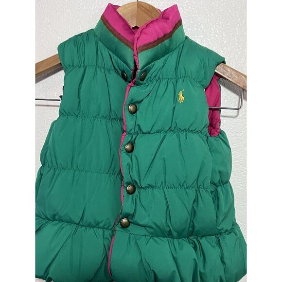 Ralph Lauren Reversible Vest Girls 3T Pink Green PUFFER Down Crest Horse Toddler - Picture 2 of 8